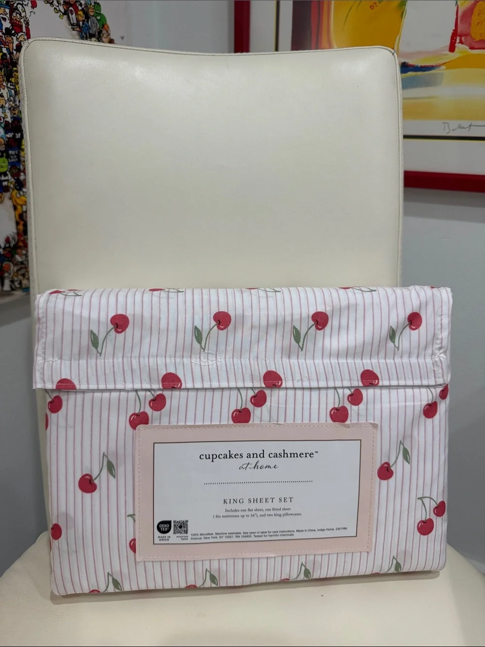 cupcakes & cashmere Pink & White Cherry Stripe King Sheet Set